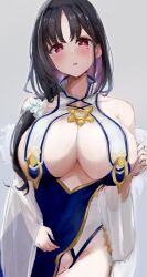 Rule 34 | 1girl, absurdres, azur lane, black hair, blush, breast curtains, breasts, cowboy shot, detached sleeves, flashing, highres, huge breasts, long hair, looking at viewer, mole on crotch, plain 64, purple eyes, see-through, see-through sleeves, simple background, solo, standing, ting an (azur lane), white background