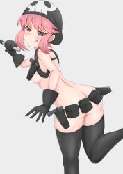 Rule 34 | 1girl, :q, absurdres, ass, bare back, belt, belt pouch, beret, black belt, black gloves, black hat, black thighhighs, blush, bobsondao, breasts, butt crack, combat knife, commentary, convenient censoring, eyeshadow, feet out of frame, foot up, from side, gloves, grey background, hair up, harness, hat, highres, holding, holding knife, holding weapon, jakuzure nonon, kill la kill, knife, looking at viewer, looking to the side, loose hair strand, makeup, medium breasts, nudist beach uniform, pink eyeshadow, pink hair, pouch, revealing clothes, reverse grip, sideboob, sidelocks, simple background, skull print, solo, swept bangs, thighhighs, thighs, tongue, tongue out, weapon