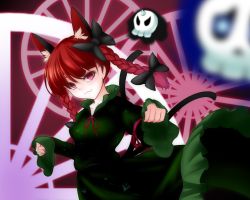 Rule 34 | 1girl, :3, animal ears, blunt bangs, blurry, bow, braid, breasts, cat ears, cat tail, collarbone, depth of field, dress, extra ears, eyebrows hidden by hair, flaming skull, floating skull, glowing, glowing eyes, green dress, hitodama, juliet sleeves, kaenbyou rin, long hair, long sleeves, looking at viewer, medium breasts, multiple tails, neck ribbon, nekomata, paw pose, puffy sleeves, red eyes, red hair, red ribbon, ribbon, riria (liry a flower), simple background, skull, sleeves past wrists, solo, tail, touhou, twin braids, two tails
