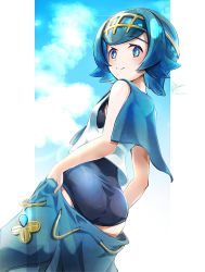 Rule 34 | 1girl, blue eyes, blue hair, blue pants, bright pupils, clear glass (mildmild1311), closed mouth, clothes pull, cloud, commentary request, creatures (company), day, game freak, hairband, highres, lana (pokemon), nintendo, no sclera, one-piece swimsuit, pants, pants pull, pillarboxed, pokemon, pokemon sm, shirt, short hair, signature, sky, sleeveless, sleeveless shirt, smile, solo, swimsuit, swimsuit under clothes, white pupils, white shirt, yellow hairband