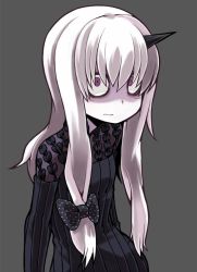 Rule 34 | 1girl, 3:, albino, arms at sides, ayame hashinimasen, bags under eyes, black bow, black dress, bow, closed mouth, colored skin, constricted pupils, dress, facing away, fate/grand order, fate (series), flat chest, grey background, hair between eyes, hair bow, horns, lavinia whateley (fate), leaning, leaning back, long hair, long sleeves, looking at viewer, polka dot, polka dot bow, purple eyes, ribbed dress, shaded face, simple background, single horn, solo, straight hair, upper body, white hair, white skin, wide-eyed