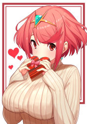 Rule 34 | 1girl, absurdres, breasts, earrings, gift, green322, highres, holding, holding gift, jewelry, large breasts, looking at viewer, nintendo, pyra (xenoblade), red eyes, red hair, ribbed sweater, short hair, solo, sweater, white background, white sweater, xenoblade chronicles (series), xenoblade chronicles 2