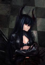Rule 34 | 10s, 1girl, absurdres, bikini, bikini top only, black gold saw, black hair, black rock shooter, chain, crossed arms, highres, horns, jacket, long hair, red eyes, smile, solo, swimsuit, ushas