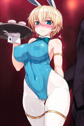 Rule 34 | 1girl, absurdres, animal ears, bare shoulders, blonde hair, blue eyes, blue leotard, blush, brave witches, breasts, clitoris, clitoris cutout, covered erect nipples, covered navel, crotch cutout, cup, drinking glass, electrodes, exposed clitoris, eyebrows, female focus, formal, from behind, gloves, groin, highres, leotard, molestation, nikka edvardine katajainen, nipples, nose blush, null (nyanpyoun), pantyhose, partially visible vulva, rabbit ears, rabbit girl, see-through, short hair, solo, strike witches, striped, suit, sweat, sweatdrop, thighhighs, tray, trembling, vertical stripes, waitress, wavy mouth, white gloves, white thighhighs, wide hips, world witches series, wrist cuffs