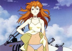 Rule 34 | 1990s (style), 1girl, aircraft, airplane, bare arms, bare shoulders, black choker, breasts, brown hair, choker, clothes lift, cloud, cowboy shot, day, dress, dress lift, extended upskirt, facing viewer, female focus, fighter jet, flight deck, gainax, hand on own hip, imageboard desourced, jet, long hair, military, military vehicle, navel, neon genesis evangelion, non-web source, outdoors, panties, pantyshot, retro artstyle, screencap, sky, sleeveless, sleeveless dress, small breasts, solo, souryuu asuka langley, standing, su-33, sundress, underwear, united nations, upskirt, white panties, wind, wind lift, yellow dress