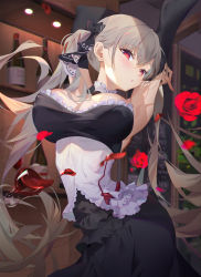 Rule 34 | 1girl, absurdres, alcohol, armpits, azur lane, black dress, black ribbon, blush, breasts, choker, cleavage, corset, cup, detached sleeves, dress, drinking glass, flower, formidable (azur lane), frilled dress, frills, grey hair, hair ribbon, highres, large breasts, long hair, looking at viewer, open mouth, petals, red eyes, red flower, red rose, ribbon, rose, rose petals, sidelocks, solo, somna, standing, twintails, twisted torso, very long hair, wine, wine glass