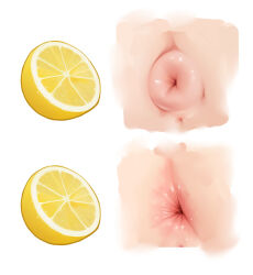 Rule 34 | 1girl, anus, food, fruit, highres, lemon, lemon slice, meme, merrytail, original, puckered anus, pussy, pussy peek, simple background, thour (meme), white background