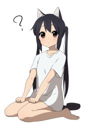 Rule 34 | 1girl, absurdres, animal ears, barefoot, black hair, blouse, blush, brown eyes, cat ears, cat tail, closed mouth, collarbone, commentary request, full body, highres, k-on!, kicchi (tmgk), long hair, looking at viewer, nakano azusa, no pants, seiza, shirt, short sleeves, simple background, sitting, solo, tail, twintails, wariza, white background, white shirt
