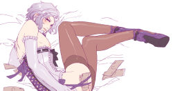 Rule 34 | 1boy, angelo sauper, blush, brown thighhighs, corset, crossdressing, elbow gloves, gloves, gundam, gundam unicorn, high heels, legs, long legs, looking at viewer, lying, male focus, money, nipples, open mouth, pale color, purple eyes, ribbon, silver hair, snj, solo, strappy heels, thighhighs, trap, wavy hair