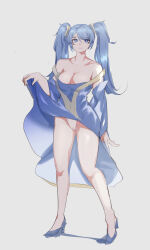 Rule 34 | 1girl, absurdres, arm at side, bare legs, blue dress, blue eyes, blue footwear, blue hair, breasts, cleavage, clothes lift, dress, dress lift, eyebrows, eyelashes, female focus, full body, grey background, hand up, high heels, highres, large breasts, league of legends, lifted by self, long hair, looking at viewer, matching hair/eyes, panties, parted lips, simple background, solo, sona (league of legends), standing, strapless, strapless dress, teeth, tnt (pixiv8487740), twintails, underwear, white panties
