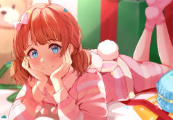 Rule 34 | 1girl, ahoge, blue eyes, blush, bow, box, brown hair, feet up, gift, gift box, hair bow, hands on own cheeks, hands on own face, head rest, idolmaster, idolmaster million live!, indoors, looking at viewer, lying, nira (vira), on stomach, pajamas, pink pajamas, pink socks, rabbit tail, short twintails, smile, socks, solo, striped clothes, striped pajamas, stuffed animal, stuffed toy, suou momoko, tail, teddy bear, twintails