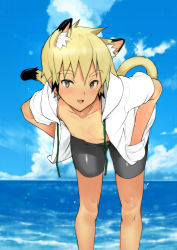 Rule 34 | 1boy, :3, animal ears, black hair, black jammers, black male swimwear, blonde hair, cat boy, cat ears, cat tail, coin rand, fang, feet out of frame, grey eyes, hands in pockets, highres, hood, hoodie, jammers, male focus, male swimwear, multicolored hair, original, outdoors, solo, swimsuit, tail, two-tone hair, wading, water