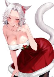 Rule 34 | 1girl, absurdres, animal ears, bare shoulders, black pantyhose, blush, breasts, cat ears, cat girl, cat tail, christmas, cleavage, closed mouth, collarbone, commentary, dress, facial mark, final fantasy, final fantasy xiv, finger to mouth, flower, fur-trimmed dress, fur trim, hair flower, hair ornament, highres, large breasts, leaning forward, looking at viewer, miqo&#039;te, pantyhose, parted bangs, red dress, red eyes, shhilee, short hair, simple background, smile, solo, strapless, strapless dress, tail, warrior of light (ff14), whisker markings, white background, white hair