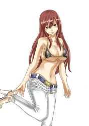 Rule 34 | 1girl, belt, bikini, bikini top only, breasts, brown eyes, cleavage, erza scarlet, fairy tail, high heels, large breasts, long hair, looking at viewer, navel, pants, red hair, simple background, smile, solo, standing, standing on one leg, stomach, swimsuit, white background, white pants