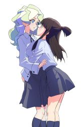 Rule 34 | 2girls, blonde hair, blue footwear, blue skirt, blunt bangs, brown hair, collared shirt, commentary, cowboy shot, diana cavendish, eye contact, face-to-face, from side, hair over shoulder, highres, hug, kagari atsuko, kneehighs, little witch academia, long sleeves, looking at another, luna nova school uniform, multicolored hair, multiple girls, neck ribbon, nukosann, pleated skirt, ribbon, school uniform, shirt, sidelocks, simple background, skirt, socks, streaked hair, topknot, white background, white shirt, yuri