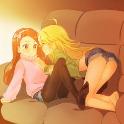 Rule 34 | 2girls, ahoge, arm support, barefoot, black legwear, blonde hair, blush, brown eyes, brown hair, couch, deadnooodles, denim, denim shorts, feet, green eyes, hairband, hand on another&#039;s chest, hoshii miki, idolmaster, idolmaster (classic), long hair, looking at another, messy hair, minase iori, multiple girls, no shoes, pantyhose, pink sweater, shorts, sitting, soles, sweater, swept bangs, thighs, wavy mouth, yuri