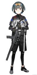 Rule 34 | 1girl, ak-101, astg, black footwear, black gloves, black shorts, blue hair, blush, brown eyes, closed mouth, commentary request, eyebrows hidden by hair, eyewear on head, full body, gloves, gun, hair ornament, hairclip, highres, holding, holding gun, holding weapon, jacket, layered sleeves, long sleeves, mole, mole under eye, nike (company), original, safety glasses, scope, shoes, short over long sleeves, short shorts, short sleeves, shorts, simple background, smile, sneakers, solo, standing, two side up, watch, watermark, weapon, web address, white background, white jacket, wristwatch