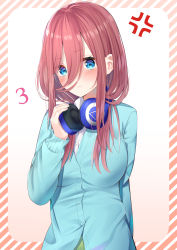 Rule 34 | 1girl, :t, absurdres, anger vein, arm behind back, blue cardigan, blue hair, blush, border, breasts, cardigan, closed mouth, commentary request, go-toubun no hanayome, hair between eyes, highres, large breasts, long hair, long sleeves, looking at viewer, nakano miku, nari (narikashi), outside border, pout, purple hair, school uniform, shirt, sidelocks, simple background, solo, striped border, upper body, white background, white shirt