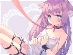Rule 34 | animal ears, blue eyes, blue pupils, blush, bow, cat ears, chain, closed mouth, collar, collarbone, frilled nightgown, leaning forward, leash, leather choker, light frown, long hair, miyanome, multiple thigh straps, nightgown, no panties, pink bow, purple hair, sidelocks, simple background, single off shoulder, solo, spaghetti strap, thigh strap, thighs, very long hair, white background