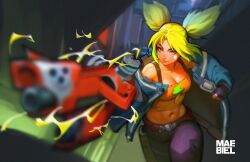 Rule 34 | 1girl, bandaid, bandaid on face, bare shoulders, black gloves, breasts, cleavage, collarbone, electricity, fingerless gloves, gloves, green hair, green jacket, gun, highres, jacket, large breasts, league of legends, looking at viewer, maebiel, midriff, navel, open clothes, open jacket, parted bangs, smile, solo, stomach, twintails, weapon, zeri (league of legends)