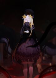 Rule 34 | 1girl, abigail williams (fate), black bow, black dress, black hat, blonde hair, bloomers, bow, dress, dress bow, fate/grand order, fate (series), hair bow, hand to own mouth, hat, kuronoiparoma, long hair, long sleeves, orange bow, sleeves past fingers, sleeves past wrists, solo, stuffed animal, stuffed toy, teddy bear, tentacles, underwear, very long hair, white bloomers