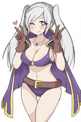 Rule 34 | 1girl, absurdres, belt, bikini, breasts, cleavage, closed mouth, fire emblem, fire emblem awakening, fire emblem heroes, heart, heart-shaped pupils, highres, jewelry, large breasts, necklace, nintendo, o-ring, o-ring bikini, one eye closed, robin (female) (fire emblem), robin (fire emblem), simple background, smile, solo, swimsuit, symbol-shaped pupils, twintails, white-stew, white background, white hair