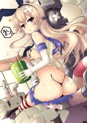 Rule 34 | 10s, 1girl, :x, ass, back, bandages, black panties, blonde hair, blush, breasts, bruise, chestnut mouth, covered erect nipples, cuts, derivative work, elbow gloves, from behind, gloves, highleg, highleg panties, highres, hoshi (menma), injury, kantai collection, lifebuoy, long hair, looking at viewer, looking back, medium breasts, open mouth, panties, pasties, pink eyes, rensouhou-chan, sailor collar, shimakaze (kancolle), shirt, sitting, skirt, solo, striped clothes, striped thighhighs, swim ring, thighhighs, torn clothes, torn panties, torn shirt, torn skirt, torn thighhighs, underwear, white gloves