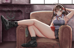 Rule 34 | 1girl, ahoge, anchor hair ornament, ankle boots, arm behind head, armpits, azur lane, bad id, bad pixiv id, black footwear, blush, boots, breasts, brown hair, chin gero, closed mouth, commentary request, couch, day, earrings, hair ornament, hairband, independence (azur lane), jewelry, large breasts, long hair, looking at viewer, low ponytail, miniskirt, parted lips, pleated skirt, red eyes, sidelocks, sitting, skirt, slit pupils, smile, solo, sunlight, thighs, very long hair, window