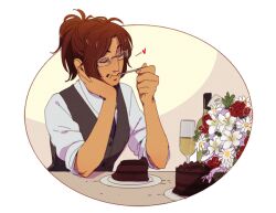Rule 34 | 1other, bottle, brown hair, cake, champagne flute, chocolate cake, commentary, cup, dark skin, drinking glass, eating, english commentary, flower, food, food on face, glasses, grey vest, hange zoe, hanpetos, head rest, heart, other focus, ponytail, shingeki no kyojin, sleeves rolled up, solo, upper body, vest