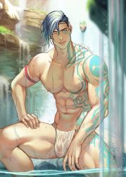 Rule 34 | 1boy, abs, armband, artist name, bara, biceps, blue hair, fundoshi, green eyes, highres, japanese clothes, jouvru, male focus, male underwear, muscular, navel, nipples, one eye closed, original, pectorals, rock, smile, tattoo, thick thighs, thighs, underwear, water, waterfall, wet, wet clothes, wet fundoshi