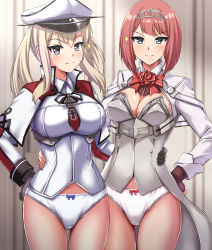 Rule 34 | 2girls, absurdres, ark royal (kancolle), black gloves, blonde hair, blue eyes, blunt bangs, bob cut, breasts, brown gloves, celtic knot, cleavage cutout, clothing cutout, commission, corset, cross, fingerless gloves, flower, gloves, graf zeppelin (kancolle), hair between eyes, hat, highres, inverted bob, iron cross, jacket, kantai collection, large breasts, long sleeves, medium breasts, military, military uniform, multiple girls, panties, peaked cap, pixiv commission, purple eyes, red flower, red hair, red ribbon, red rose, ribbon, rose, short hair, sidelocks, tiara, twintails, underwear, uniform, white corset, white jacket, white panties, zanntetu