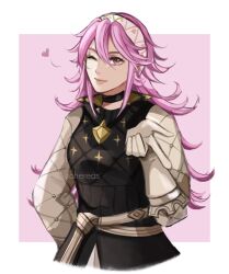 Rule 34 | 1girl, ;), artist name, black choker, choker, closed mouth, fire emblem, fire emblem fates, gambeson, gloves, hair between eyes, hairband, heart, highres, long hair, long sleeves, nintendo, one eye closed, pink eyes, pink hair, schereas, smile, soleil (fire emblem), solo, white gloves