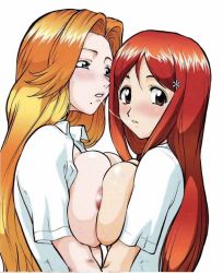 Rule 34 | 2girls, after kiss, asymmetrical docking, bleach, blue eyes, blush, breast press, breasts, breasts out, collared shirt, highres, inoue orihime, large breasts, long hair, looking at another, looking at viewer, matsumoto rangiku, mole, mole under mouth, multiple girls, nipples, orange hair, parted bangs, saliva, saliva trail, scan, school uniform, shirt, short sleeves, simple background, umedama nabu, upper body, white background, white shirt, yuri