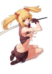Rule 34 | 1girl, absurdres, ass, black footwear, black gloves, black jacket, black shorts, blonde hair, blunt bangs, boots, bow, brown eyes, butt crack, dimples of venus, floating hair, full body, gloves, hair bow, highres, holding, holding sword, holding weapon, jacket, kneeling, long hair, looking at viewer, original, parted lips, red bow, rekaerb maerd, short shorts, shorts, single glove, sitting, solo, sword, torn clothes, torn jacket, torn shorts, transparent background, twintails, weapon