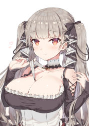 Rule 34 | 1girl, azur lane, between breasts, black ribbon, blunt bangs, blush, breasts, cleavage, closed mouth, collarbone, commentary request, earrings, formidable (azur lane), hair ribbon, highres, jewelry, large breasts, long hair, looking at viewer, otousan952, red eyes, ribbon, silver hair, simple background, smile, solo, twintails, two-tone ribbon, white background, white ribbon