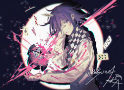 Rule 34 | 1boy, blood, blood on clothes, blood on face, bomb, buttons, card, checkered clothes, checkered scarf, danganronpa (series), danganronpa v3: killing harmony, dated, disappearoften, explosive, flipped hair, from side, grin, hair between eyes, hand over eye, highres, holding, holding bomb, looking at viewer, male focus, oma kokichi, pink blood, playing card, purple eyes, purple hair, ringed eyes, scarf, shadow, short hair, signature, smile, solo, spotlight, straitjacket