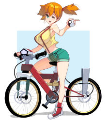 Rule 34 | 1girl, alternate breast size, arched back, bare shoulders, bicycle, blouse, blue background, blue eyes, breasts, creatures (company), eyelashes, fingernails, from side, full body, game freak, highres, kouno (masao), large breasts, long fingernails, midriff, misty (pokemon), navel, nintendo, one eye closed, open mouth, orange hair, poke ball, poke ball (basic), pokemon, pokemon (anime), pokemon (classic anime), revision, shirt, shoes, short ponytail, short shorts, shorts, simple background, skindentation, smile, sneakers, solo, suspenders, taut clothes, taut shirt, thighs, white background, yellow shirt