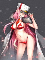 Rule 34 | 1girl, between breasts, bikini, breasts, coat, contrapposto, darling in the franxx, detached collar, embers, green eyes, grey background, hand on headwear, hand on own thigh, hat, highres, jacket, large breasts, long hair, looking at viewer, military hat, military jacket, navel, necktie, necktie between breasts, parted lips, peaked cap, pink hair, red bikini, red necktie, solo, stomach, suishougensou, swimsuit, teeth, thighs, tongue, tongue out, very long hair, zero two (darling in the franxx)