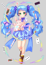 Rule 34 | 1girl, blue bow, blue hair, blue skirt, blush, boots, bow, bracelet, brown footwear, card, closed mouth, club (shape), commentary request, diamond (shape), frilled shirt collar, frilled skirt, frills, full body, green eyes, grey background, heart, highres, jewelry, long hair, misaki (misaki86), hugging object, original, playing card, pleated skirt, polka dot, polka dot skirt, puffy short sleeves, puffy sleeves, shirt, shoe soles, short sleeves, simple background, skirt, smile, socks, solo, spade (shape), standing, stuffed animal, stuffed rabbit, stuffed toy, twintails, unmoving pattern, very long hair, white shirt, white socks