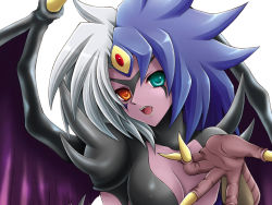 Rule 34 | 1girl, androgynous, breasts, duel monster, female focus, heterochromia, monster, one boob, simple background, solo, upper body, white background, yu-gi-oh!, yu-gi-oh! gx, yubel