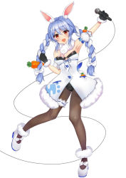 Rule 34 | 1girl, :d, animal ear fluff, animal ears, arm up, armpits, bare shoulders, black gloves, black leotard, black pantyhose, blue hair, blush, braid, breasts, bridal garter, carrot hair ornament, clothing cutout, coat, coat dress, commentary request, dancing, detached sleeves, don-chan (usada pekora), dress, food-themed hair ornament, fur-trimmed coat, fur-trimmed gloves, fur scarf, fur trim, gloves, hair ornament, highres, hikimayu, holding, holding microphone, hololive, legwear garter, leotard, leotard under clothes, long hair, looking at viewer, mary janes, mashiron (shiroon03), microphone, multicolored hair, open mouth, orange eyes, pantyhose, playboy bunny, puffy short sleeves, puffy sleeves, rabbit ears, rabbit girl, rabbit tail, red eyes, scarf, shoes, short eyebrows, short sleeves, single legwear garter, small breasts, smile, solo, standing, standing on one leg, strapless, strapless coat, strapless dress, strapless leotard, swept bangs, thick eyebrows, twin braids, twintails, two-tone hair, underboob cutout, usada pekora, usada pekora (1st costume), virtual youtuber, white coat, white footwear, white hair, white scarf, white sleeves