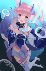 Rule 34 | 1girl, :d, absurdres, air bubble, babydoll, beads, blush, bow-shaped hair, bubble, choker, closed mouth, detached sleeves, floating hair, frilled sleeves, frills, full body, genshin impact, gloves, gradient hair, half gloves, head wings, highres, jellyfish, long hair, looking at viewer, multicolored hair, navel, no shoes, open mouth, pink hair, purple eyes, rererere mon, sangonomiya kokomi, shorts, smile, solo, thick eyebrows, thighhighs, thighs, two-tone hair, underwater, vision (genshin impact), white gloves, white shorts, white thighhighs, wide sleeves, wings