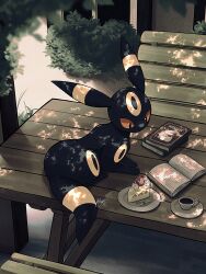 Rule 34 | book, book stack, cake, cake slice, commentary, creatures (company), cup, dappled sunlight, day, food, fork, full body, game freak, gen 2 pokemon, highres, kuchiba (jret2454), lying, nintendo, no humans, on table, open book, outdoors, picnic table, plate, pokemon, pokemon (creature), saucer, signature, solo, strawberry cake, sunlight, table, umbreon