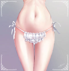 Rule 34 | 1girl, border, close-up, dated, gradient background, grey background, highres, lace, lace panties, layered panties, legs together, lower body, narrow waist, navel, original, panties, ribbon, side-tie panties, signature, solo, stomach, thigh gap, thighs, underwear, underwear only, white border, white panties, white ribbon, yanlan feixue