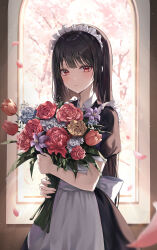 Rule 34 | 1girl, apron, black dress, black hair, blurry, blush, bouquet, closed mouth, commentary, day, depth of field, dress, expressionless, falling petals, flower, heeri, highres, holding, holding bouquet, indoors, long hair, looking at viewer, maid, maid headdress, original, petals, puffy short sleeves, puffy sleeves, red eyes, rose, short sleeves, solo, standing, sunlight, symbol-only commentary, tulip, white apron, window