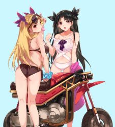 Rule 34 | 2girls, absurdres, ass, back, bare shoulders, bikini, black ribbon, blonde hair, blue background, blush, breasts, brown bikini, butt crack, chewing gum, collarbone, earrings, ereshkigal (fate), eyewear on head, fate/grand order, fate (series), hair ribbon, highres, hoop earrings, ishtar (fate), ishtar (swimsuit rider) (fate), jacket, jewelry, long hair, looking at viewer, motor vehicle, motorcycle, multiple girls, navel, off shoulder, ohland, one-piece swimsuit, open clothes, open jacket, open mouth, parted bangs, pink jacket, red eyes, red ribbon, ribbon, simple background, sunglasses, swimsuit, thighs, two side up, white one-piece swimsuit