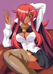 Rule 34 | 1girl, bad id, bad pixiv id, boots, breasts, cape, cleavage, dark skin, dark-skinned female, kirche augusta frederica von anhalt zerbst, large breasts, long hair, pentacle, purple background, red eyes, red hair, sitting, solo, thigh boots, thighhighs, very long hair, x.x, zero no tsukaima