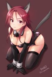 Rule 34 | 1girl, animal ears, arm support, artist name, black gloves, black leotard, black thighhighs, breasts, brown background, cleavage, closed mouth, commentary request, cross, detached collar, dog ears, dog tail, elbow gloves, full body, gloves, haruhata mutsuki, iron cross, kneeling, leotard, long hair, looking at viewer, medium breasts, minna-dietlinde wilcke, nontraditional playboy bunny, playboy bunny, red eyes, red hair, shadow, signature, simple background, smile, solo, strapless, strapless leotard, strike witches, tail, thighhighs, twitter username, world witches series, wrist cuffs