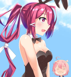 Rule 34 | 10s, 2girls, absurdres, ahoge, animal ears, bad id, bad pixiv id, black leotard, blush, blush stickers, bow, bowtie, breast envy, breasts, rabbit ears, cang se ye hua, cleavage, day, detached collar, closed eyes, fake animal ears, hair ornament, hairclip, highres, i-168 (kancolle), i-58 (kancolle), kantai collection, leotard, long hair, medium breasts, multiple girls, open mouth, pink eyes, pink hair, playboy bunny, ponytail, short hair, sky, strapless, strapless leotard, very long hair, wavy mouth