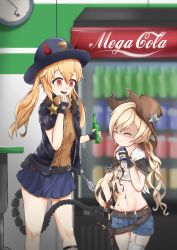 Rule 34 | 2girls, absurdres, belt, blonde hair, blurry, blurry background, brand name imitation, can, closed eyes, colt revolver (girls&#039; frontline), cowboy hat, drawing gun, drink can, false smile, girls&#039; frontline, hat, height difference, highres, holster, jacket, m870 (girls&#039; frontline), mechanical tail, midriff, multiple girls, navel, pepsi, shaded face, sheriff badge, smile, smug, soda can, soft drink, tail, twintails